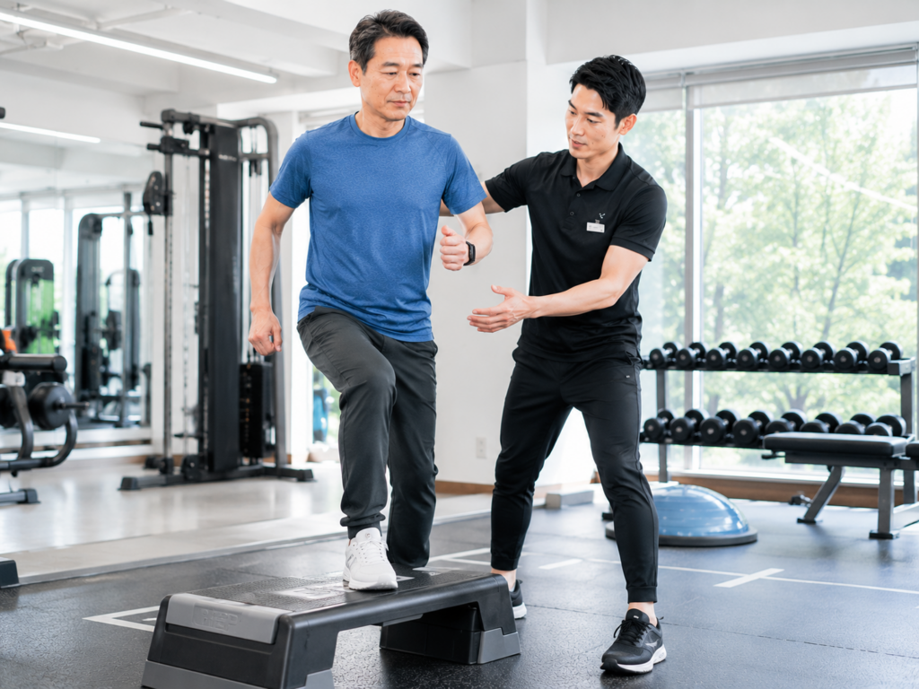 중년 운동 추천을 실천하는 50대 한국인 남성이 재활운동센터에서 스텝 운동과 균형운동을 배우는 장면