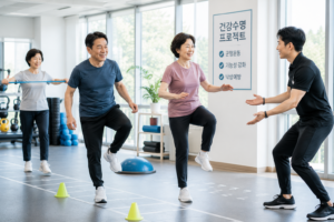 건강수명 프로젝트, 50대~60대 한국인 남성과 여성이 재활운동센터에서 균형운동과 가벼운 기능성 운동을 배우는 모습 전문 트레이너가 옆에서 자세를 지도하는 장면