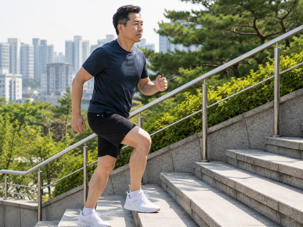 계단을 오르며 허벅지와 엉덩이 근육을 사용하는 50대 남성 하체근력 운동이 필요한 중년의  계단 오르기와 건강수명
