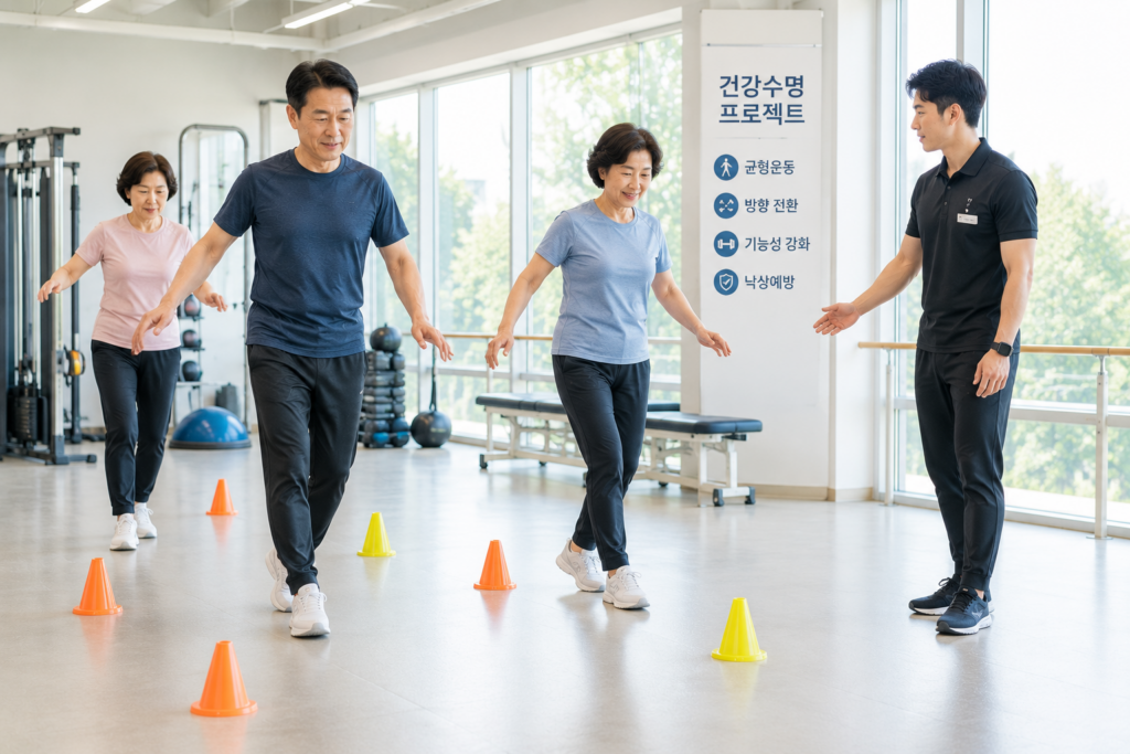 건강수명 프로젝트, 50대~60대 한국인 남성과 여성이 재활운동센터에서 균형운동과 가벼운 기능성 운동을 배우는 모습 전문 트레이너가 옆에서 자세를 지도하는 장면