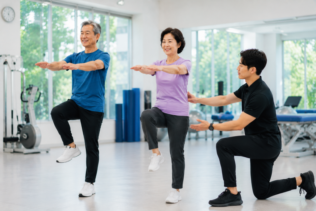 50대와 60대 한국인이 재활운동센터에서 한 발 서기 균형운동을 하는 모습