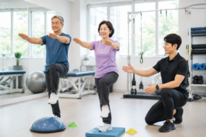 60대 한국인 남성과 여성이 재활운동센터에서 전문 트레이너의 지도 아래 균형운동과 하체근력 운동